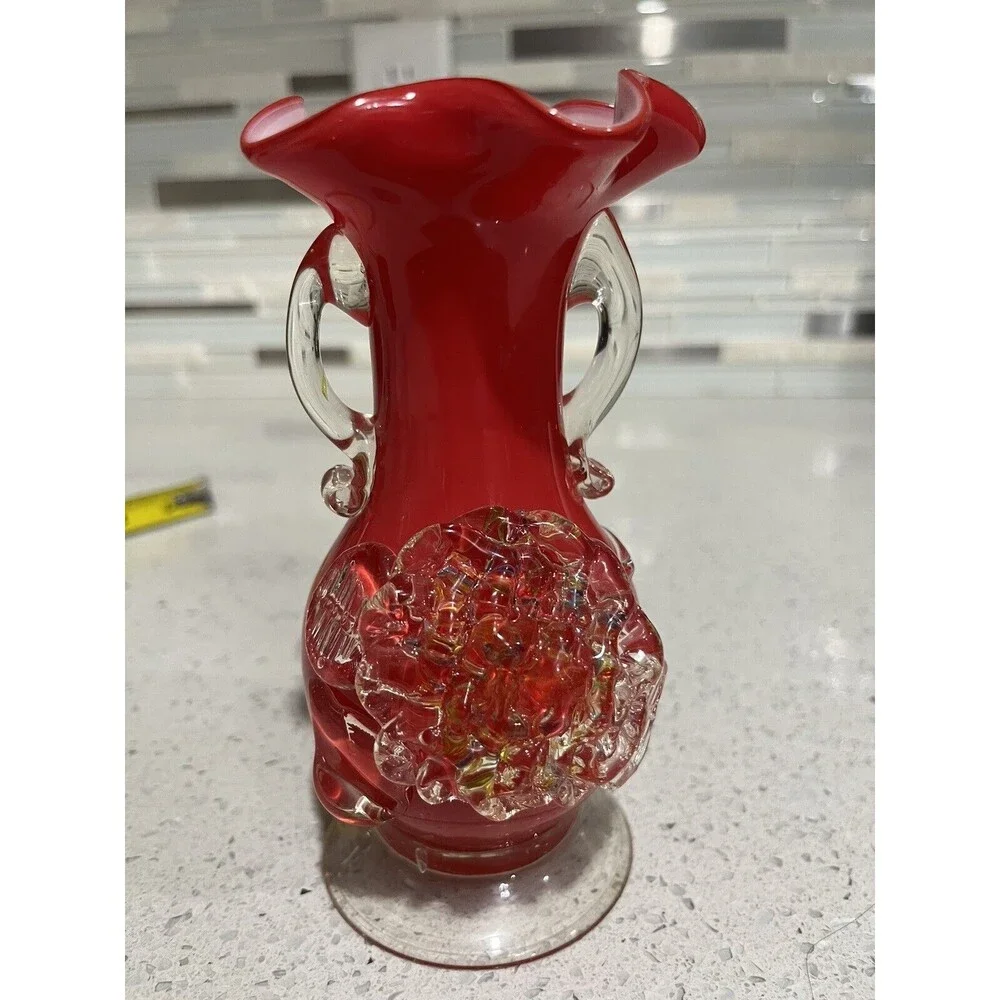 Vintage Hand Blown Art Glass by Stevens & Williams Red Cased Vase Splatter Art